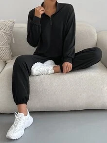 SHEIN Unity Pantalones deportivos con pullover con estampado de letra de hombros caídos - Negro - Ver 6