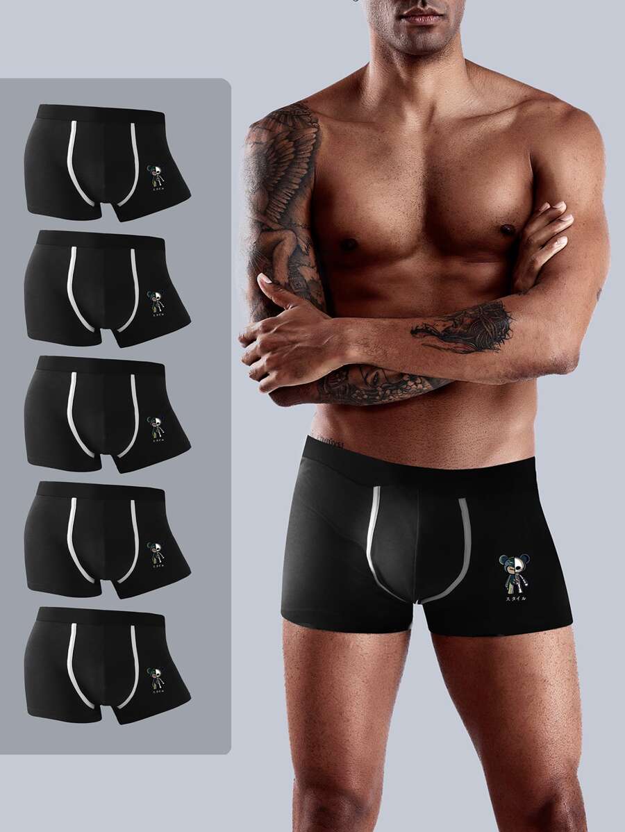 Men 5pcs Cartoon & Japanese Letter Graphic Contrast Tape Boxer Brief - Black - View 1