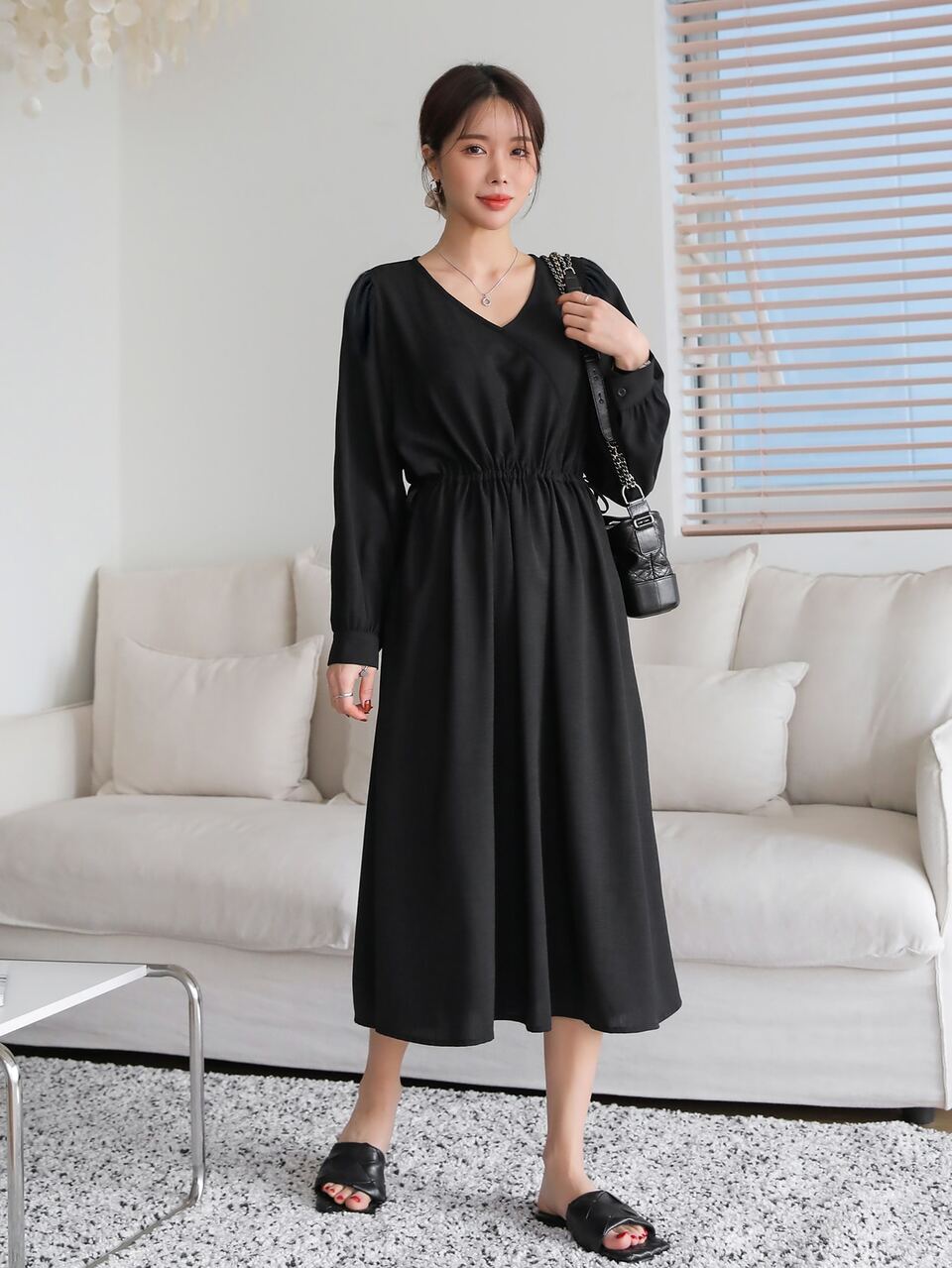 Solid Elastic Waist A Line Dress