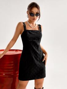 SHEINNeu Đầm Thùa khuyết màu trơn Giải trí - màu đen - Xem 3