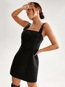 SHEINNeu Đầm Thùa khuyết màu trơn Giải trí - màu đen - Xem 4