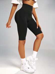 SHEIN Sport Studio Shorts de sport à contrôle du ventre unicolore, shorts en spandex, shorts extensibles, shorts de vélo