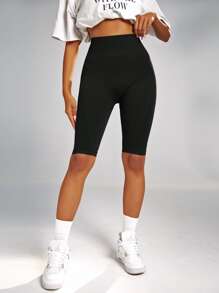 SHEIN Sport Studio Shorts de sport à contrôle du ventre unicolore, shorts en spandex, shorts extensibles, shorts de vélo