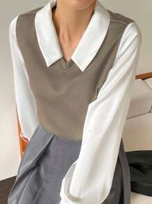 DAZY Colour Block Bishop Sleeve 2 In 1 Top - Khaki - View 1