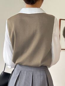 DAZY Colour Block Bishop Sleeve 2 In 1 Top - Khaki - View 2