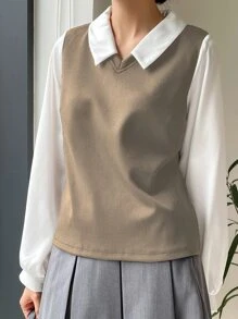 DAZY Colour Block Bishop Sleeve 2 In 1 Top - Khaki - View 4