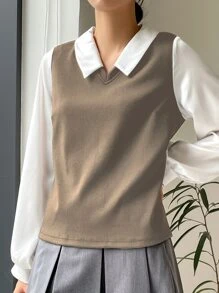 DAZY Colour Block Bishop Sleeve 2 In 1 Top - Khaki - View 5