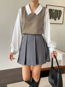 DAZY Colour Block Bishop Sleeve 2 In 1 Top - Khaki - View 6