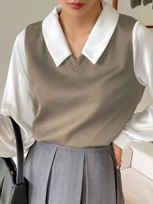 DAZY Colour Block Bishop Sleeve 2 In 1 Top - Khaki - View 7