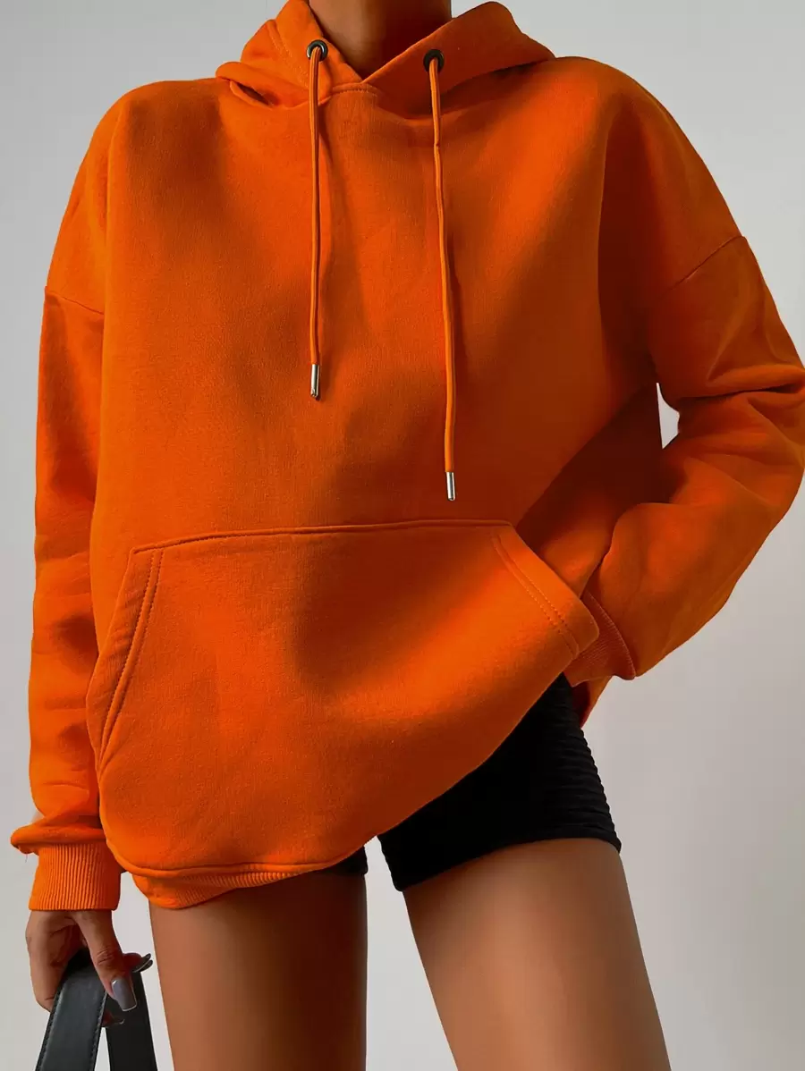 RueChic Drop Shoulder Kangaroo Pocket Hoodie - Orange - View 1