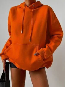 RueChic Drop Shoulder Kangaroo Pocket Hoodie - Orange - View 3