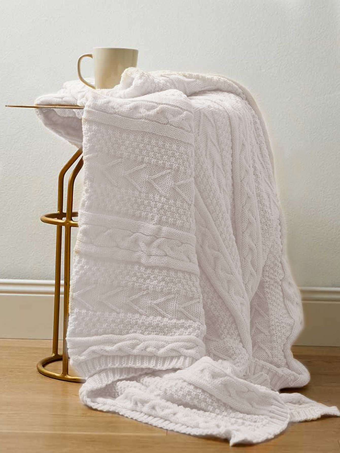 1pc Plain Knitted Throw Blanket - White - View 1