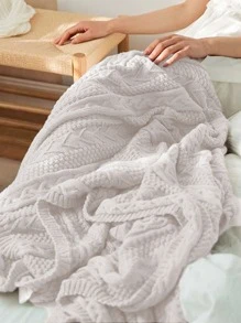 1pc Plain Knitted Throw Blanket - White - View 4