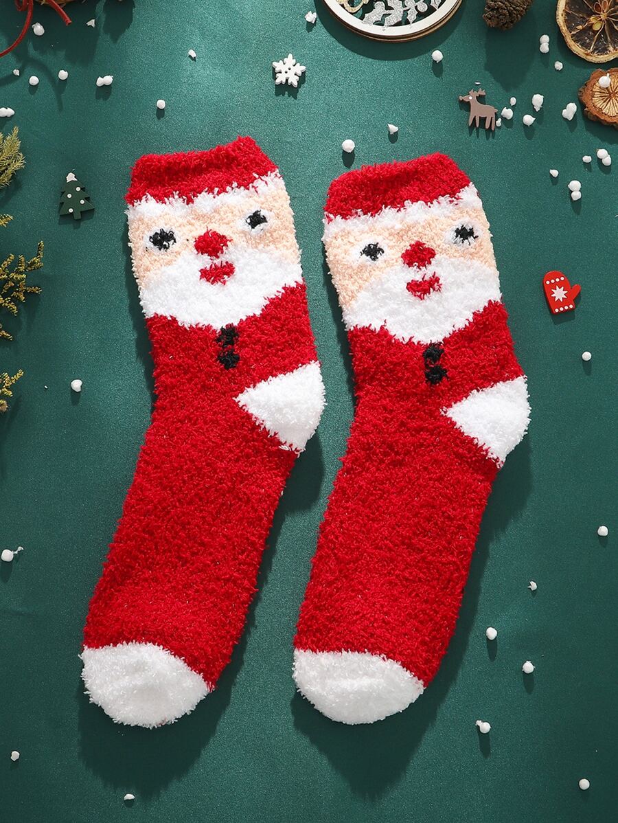 Christmas Figure Graphic Fuzzy Crew Socks - Red - View 1