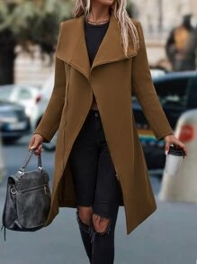 SHEIN LUNE Waterfall Collar Zipper Overcoat - Brown - View 1