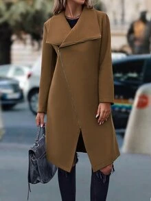 SHEIN LUNE Waterfall Collar Zipper Overcoat - Brown - View 4