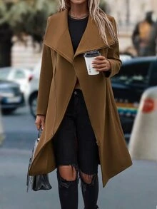 SHEIN LUNE Waterfall Collar Zipper Overcoat - Brown - View 5