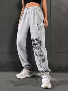 SHEIN Unity 蝴蝶和骷髏印花衛褲 - 淺灰色 - 查看 3
