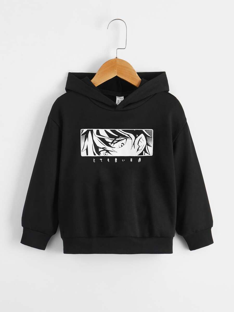 SHEIN Áo nỉ in hình nhân vật và chữ Nhật dành cho bé trai - màu đen - Xem 1