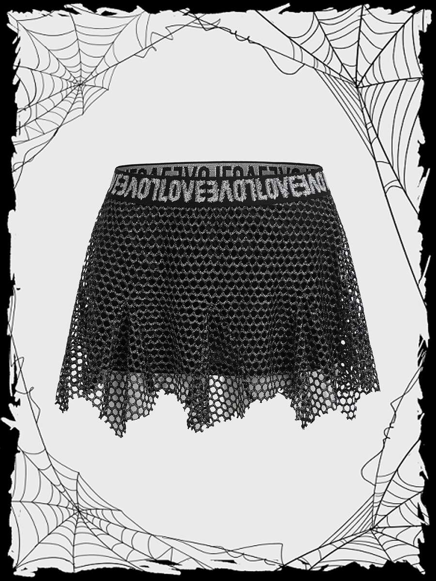 ROMWE PUNK Letter Tape Waist Fishnet Mesh Skirt - Black - View 1