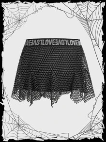 ROMWE PUNK Letter Tape Waist Fishnet Mesh Skirt - Black - View 2