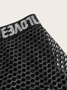 ROMWE PUNK Letter Tape Waist Fishnet Mesh Skirt - Black - View 4