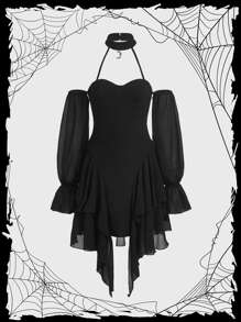 ROMWE PUNK Halter Neck Flounce Sleeve Asymmetrical Hem Dress - Black - View 1