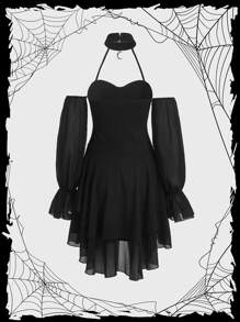ROMWE PUNK Halter Neck Flounce Sleeve Asymmetrical Hem Dress - Black - View 2