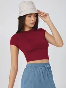 SHEIN BASICS Top corto de manga casquillo unicolor - Burdeos - Ver 1