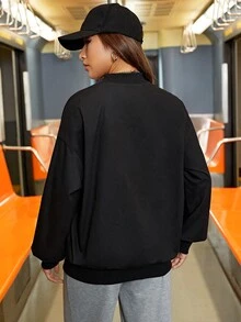 SHEIN EZwear Cazadora tipo bomber con bolsillos oblicuos con diseño de cremallera de hombros caídos - Negro - Ver 2