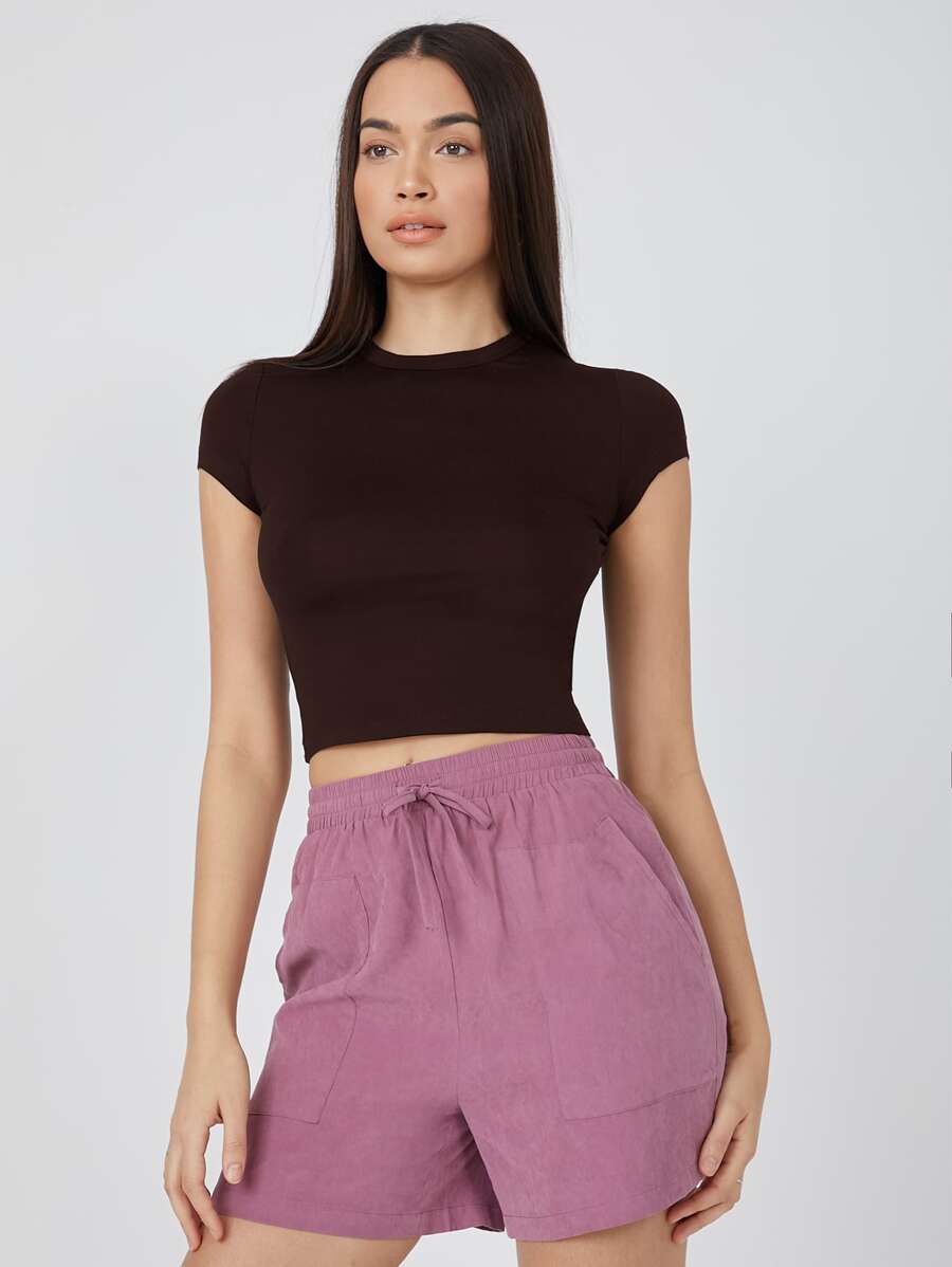 SHEIN BASICS Cap Sleeve Solid Crop Top - Chocolate Brown - View 1