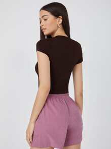 SHEIN BASICS Cap Sleeve Solid Crop Top - Chocolate Brown - View 3
