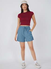 SHEIN BASICS Top corto de manga casquillo unicolor - Burdeos - Ver 3