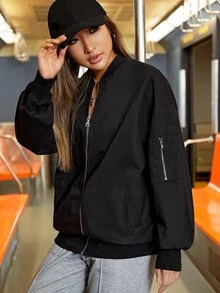 SHEIN EZwear Cazadora tipo bomber con bolsillos oblicuos con diseño de cremallera de hombros caídos - Negro - Ver 3