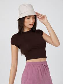 SHEIN BASICS Cap Sleeve Solid Crop Top - Chocolate Brown - View 5