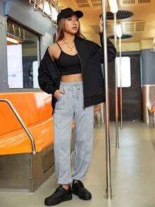 SHEIN EZwear Cazadora tipo bomber con bolsillos oblicuos con diseño de cremallera de hombros caídos - Negro - Ver 4