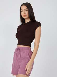 SHEIN BASICS Cap Sleeve Solid Crop Top - Chocolate Brown - View 4