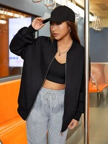 SHEIN EZwear Cazadora tipo bomber con bolsillos oblicuos con diseño de cremallera de hombros caídos - Negro - Ver 5