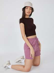 SHEIN BASICS Cap Sleeve Solid Crop Top - Chocolate Brown - View 6