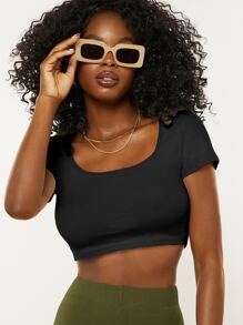 SHEIN BASICS 1 Áo thun nữ cổ vuông tay ngắn dáng ôm vừa vặn, màu trơn - màu đen - Xem 5