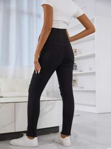 SHEIN Maternity High Waist Ripped Raw Trim Skinny Jeans - Black - View 2