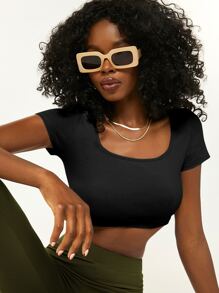 SHEIN BASICS 1 Áo thun nữ cổ vuông tay ngắn dáng ôm vừa vặn, màu trơn - màu đen - Xem 3