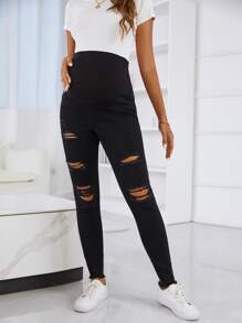 SHEIN Maternity High Waist Ripped Raw Trim Skinny Jeans - Black - View 3