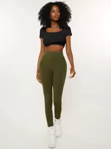 SHEIN BASICS 1 Áo thun nữ cổ vuông tay ngắn dáng ôm vừa vặn, màu trơn - màu đen - Xem 4