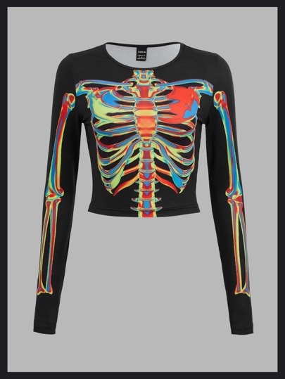 Skeleton Print Crop Tee