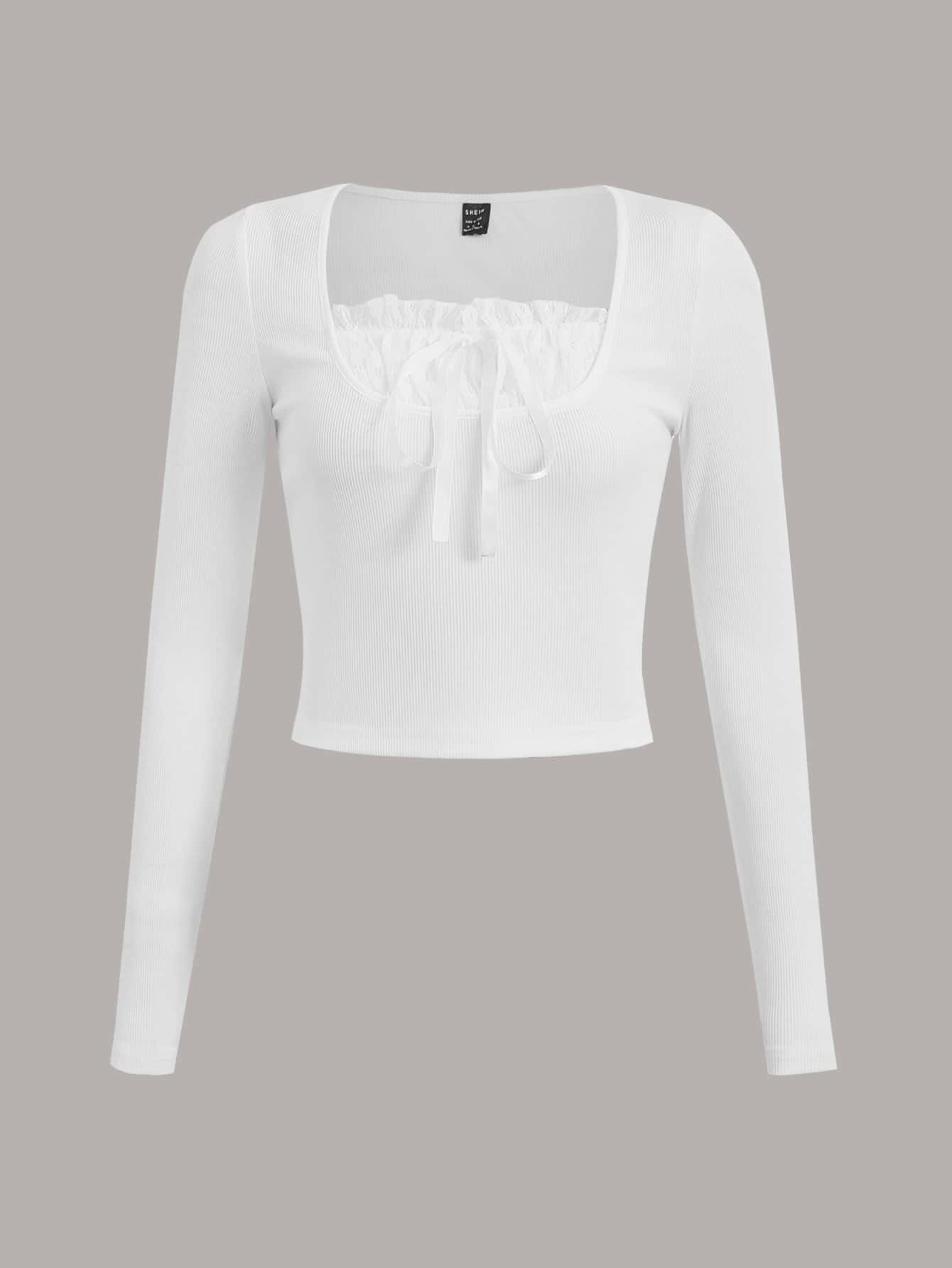 SHEIN Qutie Balletcore Contrast Lace Knot Front Tee - White - View 1