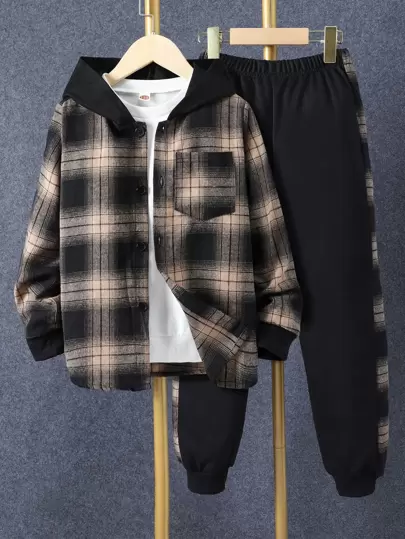 SHEIN Tween Boy 1pc Plaid Print Button Front Hooded Shirt & 1pc Sweatpants