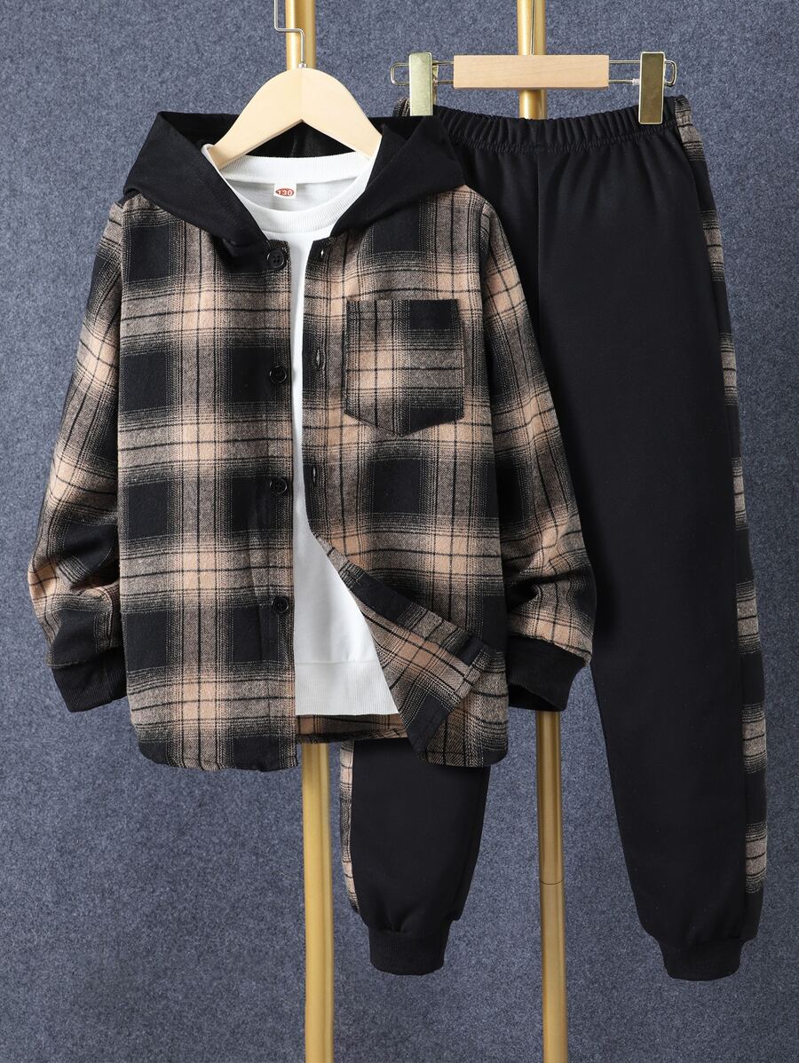 SHEIN Tween Boy 1pc Plaid Print Button Front Hooded Shirt & 1pc Sweatpants