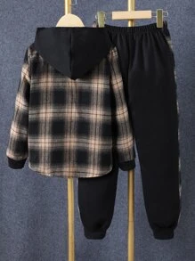 SHEIN Tween Boy 1pc Plaid Print Button Front Hooded Shirt & 1pc Sweatpants