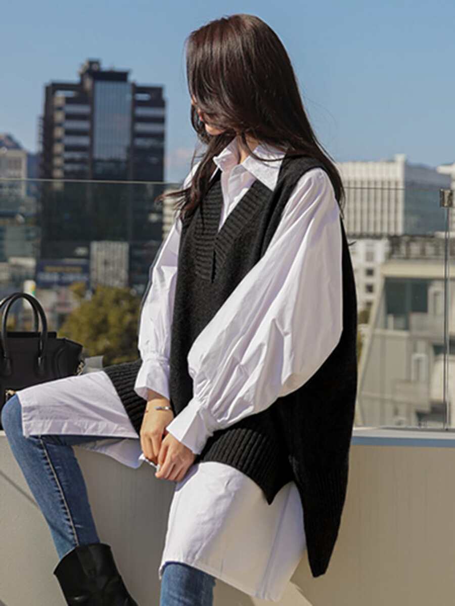 DAZY Split High Low Hem Sweater Vest Without Blouse - Black - View 1